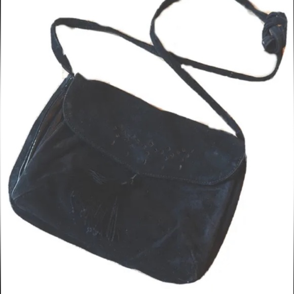 Vintage Handbags - Vintage crossbody bag suede black tassel 70s 80s Italy
